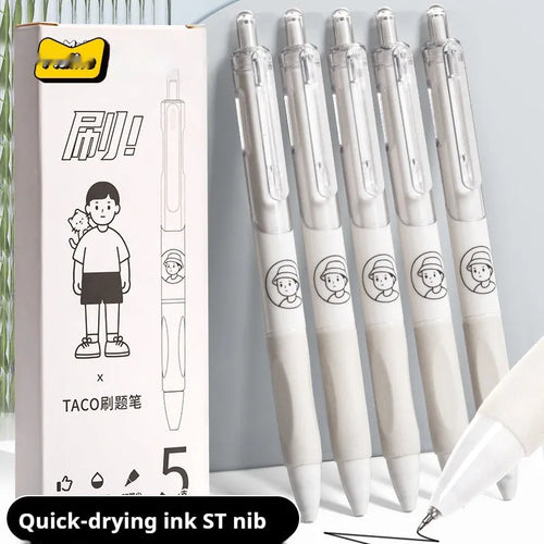 Five white ballpoint pens with 0.5mm tips and black ink