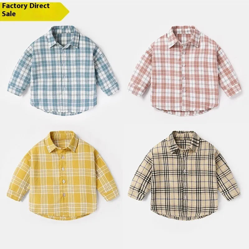 Boys' cotton shirt with lattice check pattern in khaki, available in sizes from 73cm to 110cm height