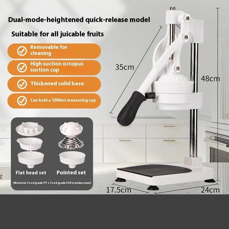 Manual stainless steel citrus juicer with quick-disassembly mechanism and choice of flat or pointed die.