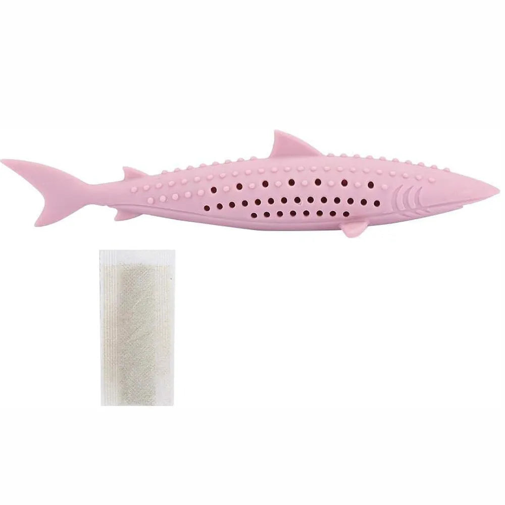 Green silicone fish-shaped chew toy for cats on a white background, showing side breathable holes.