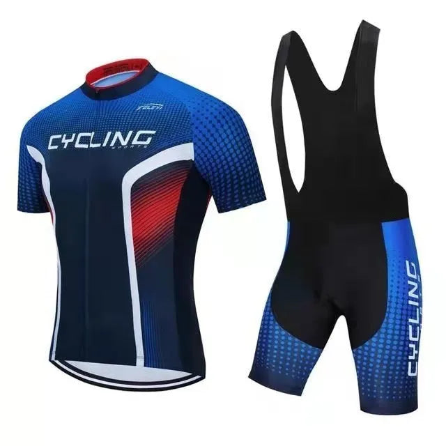Men's and women's blue cycling jersey and black shorts set for summer biking
