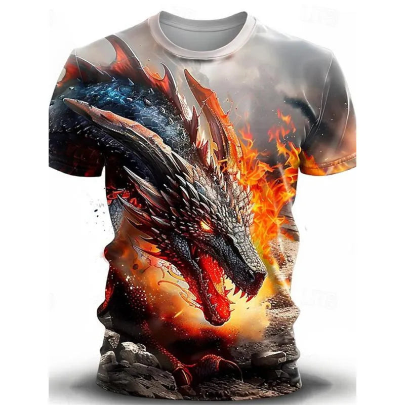 Men's grey T-shirt with a detailed 3D wind dragon graphic print on the chest.