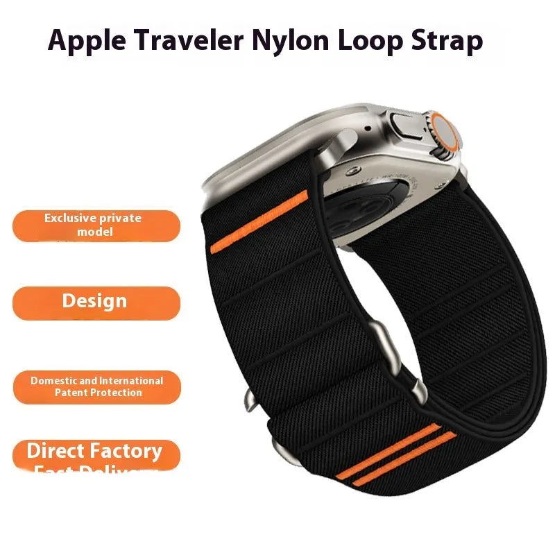Elastic nylon Apple Watch replacement band with stainless steel buckle shown in multiple colour options.