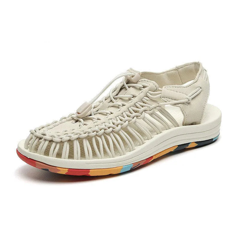 Woven drawstring tie Roman sandals in rainbow colour with elastic closure and rubber sole