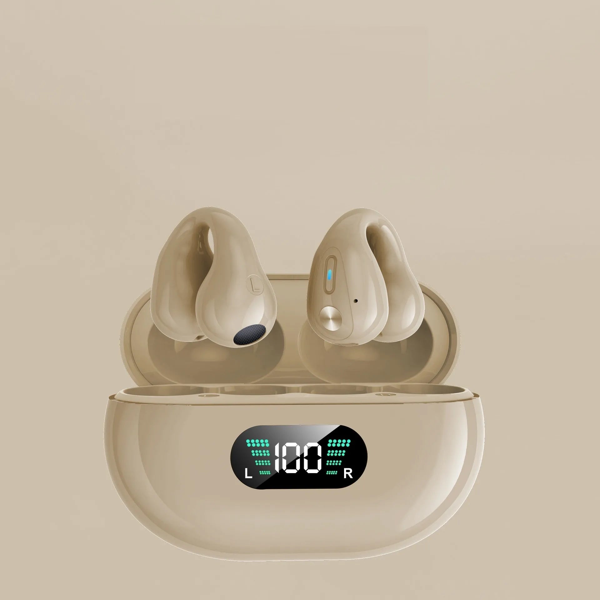 Black bone conduction Bluetooth headset clip worn on ear, showing ear clip design and bilateral speakers.