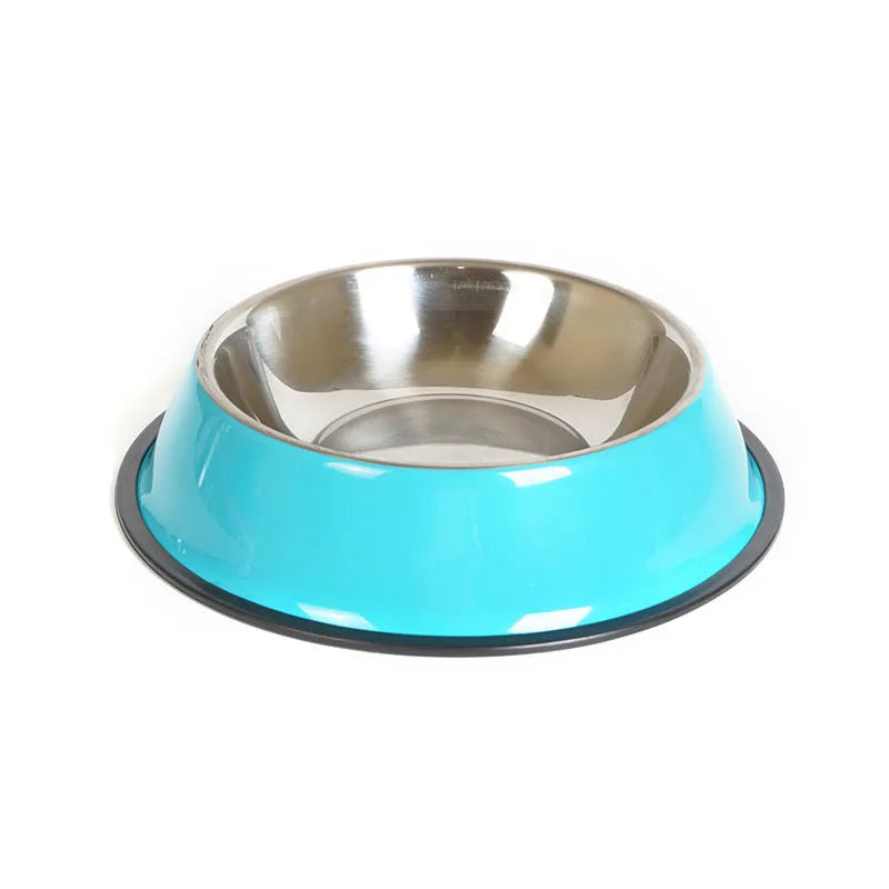 Stainless steel and colourful melamine pet bowl with a non-slip rubber base.