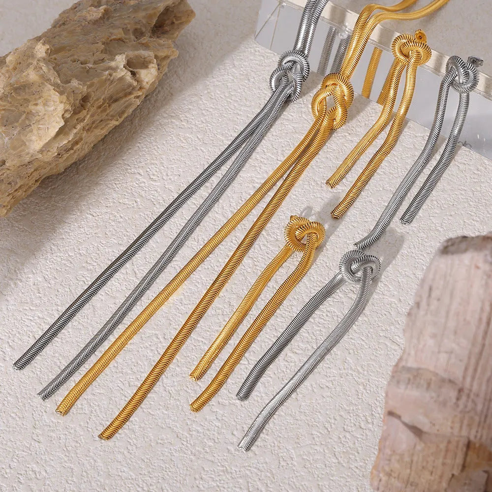 Gold electroplated titanium steel knotted tassel snake chain necklace with matching earrings set