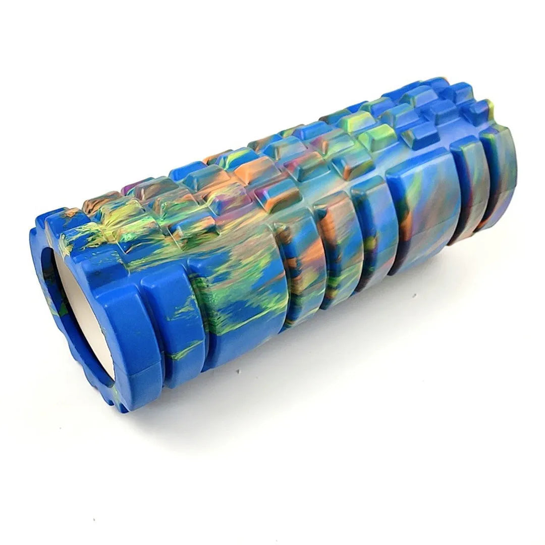 33cm camouflage pattern EVA foam roller in blue green yellow colour shown on exercise mat