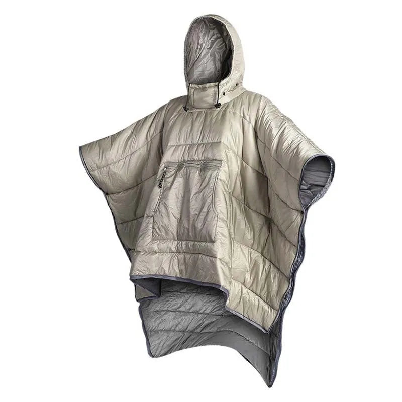 Army green outdoor cloak sleeping bag laid flat showing its 200x140cm size and wearable hood design.