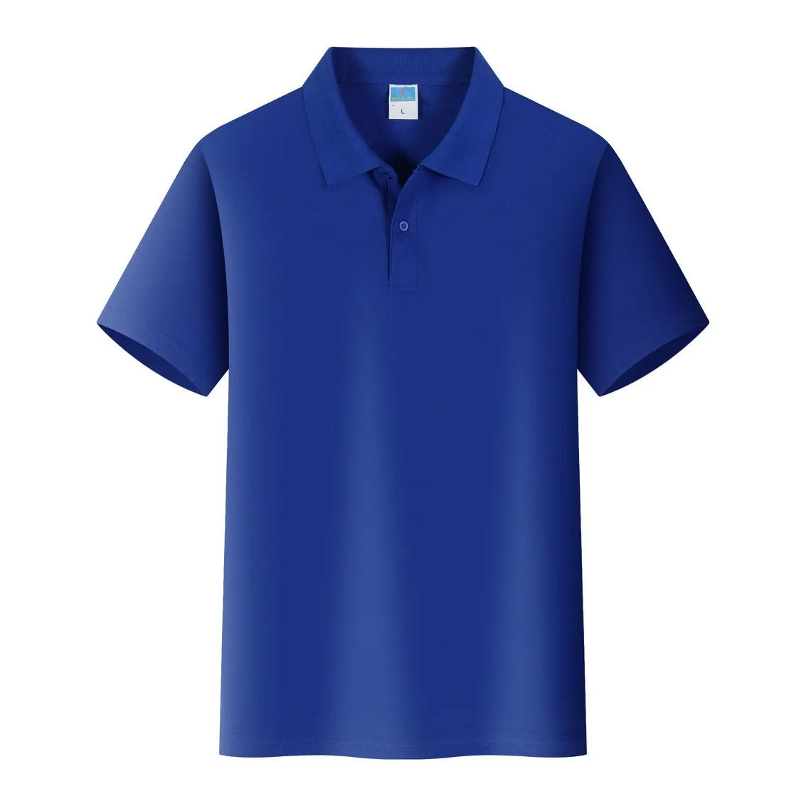 Short sleeve cotton work shirt in straight fit for corporate embroidery on a hanger.