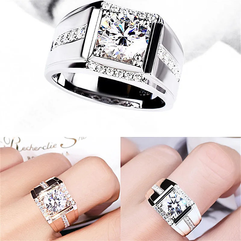 Men's geometric diamond zircon ring with adjustable opening in electroplated rose gold finish