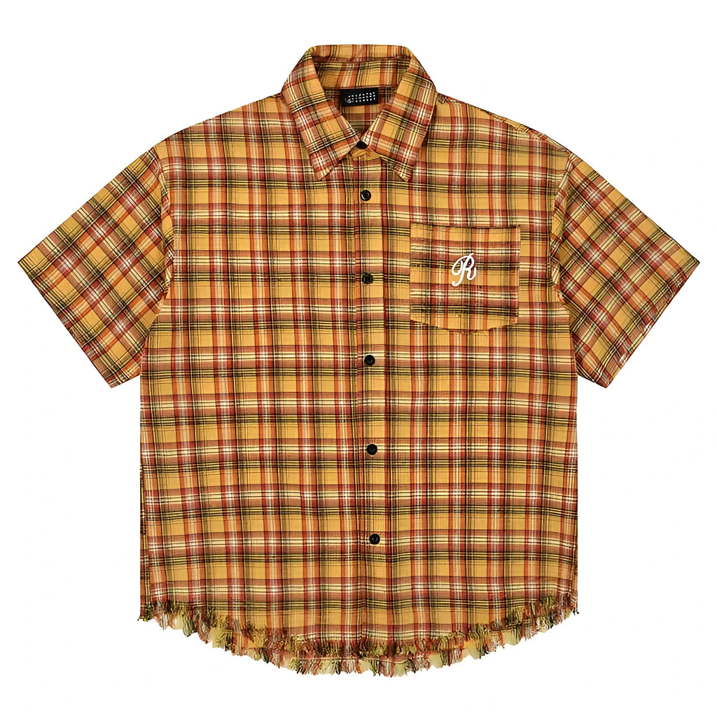 Yellow plaid loose fit short sleeve shirt with embroidered detail on the chest pocket.