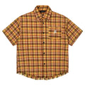 Yellow plaid loose fit short sleeve shirt with embroidered detail on the chest pocket.