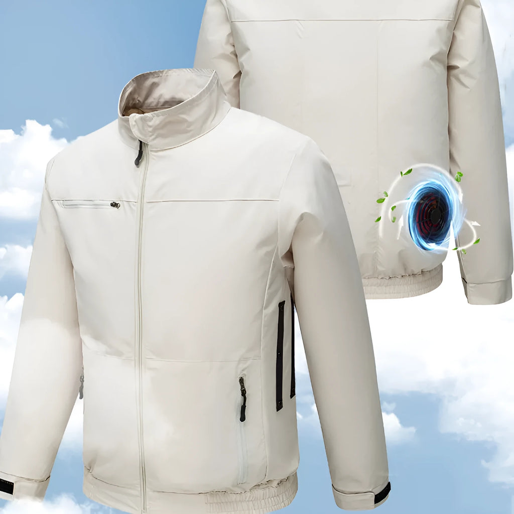 Men's black summer work jacket with multiple vent holes for a cooling fan system.