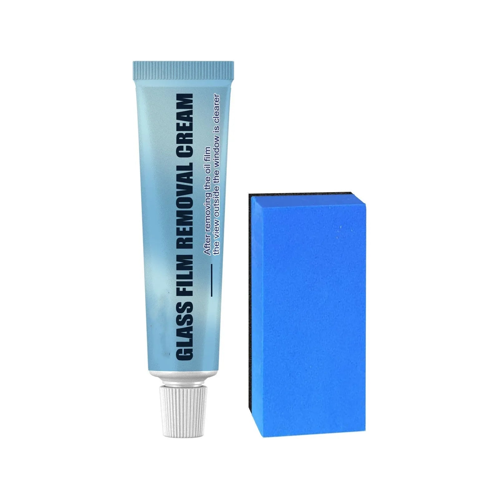 Blue car glass oil film remover with soft sponge applicator for decontaminating windscreens and windows.