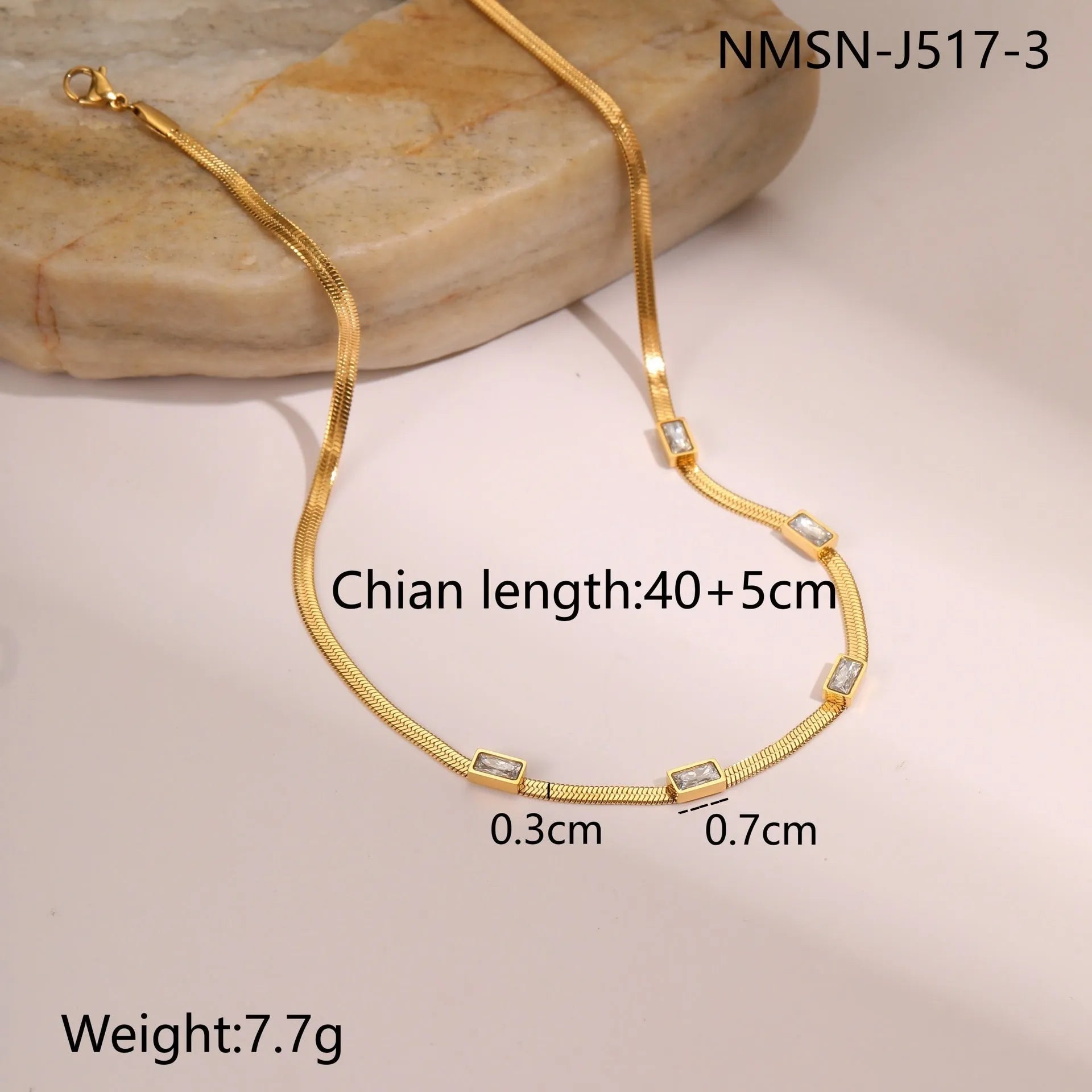Geometric square zircon stainless steel necklace with flat snake chain and 18K electroplated finish