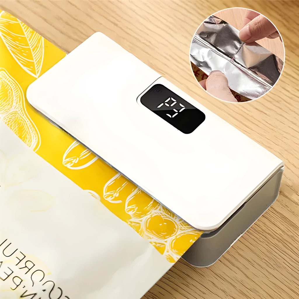 Small white portable heat sealing machine for plastic food bags with hand-press mechanism