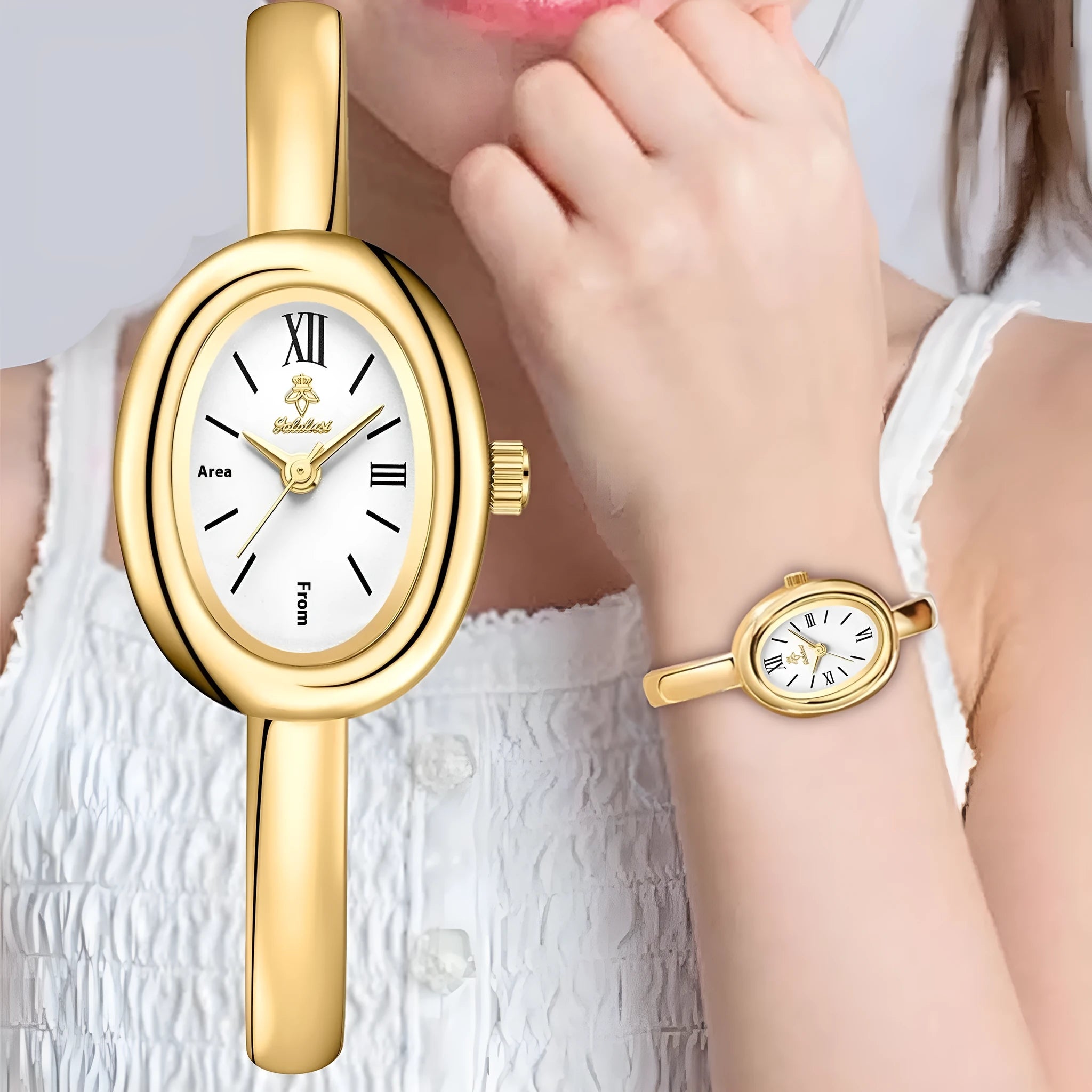 Women's oval-shaped retro quartz watch in gold colour with a thin 8mm case.