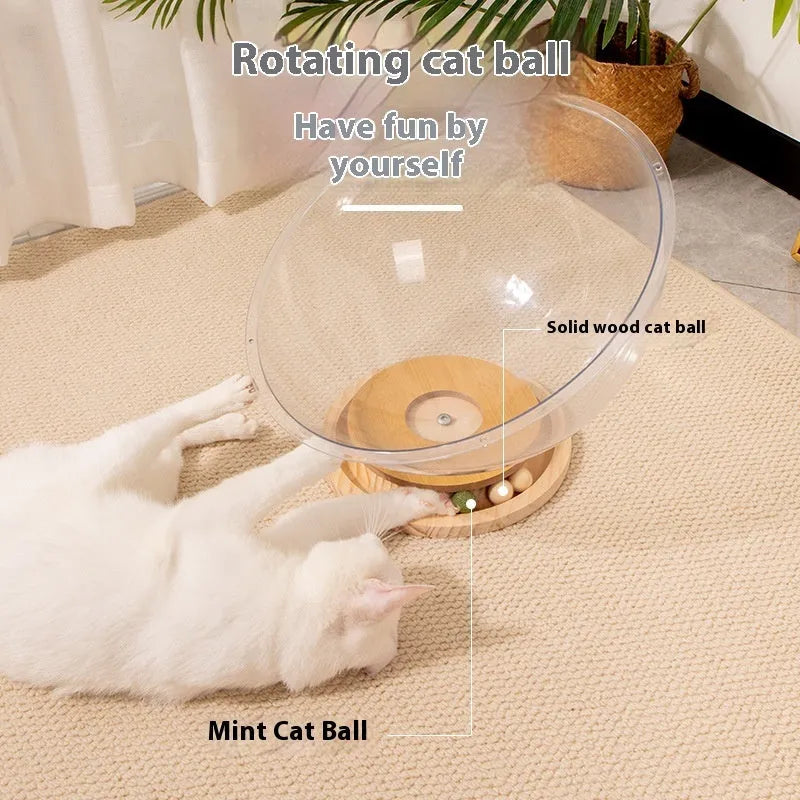 Transparent acrylic cat space capsule turntable bed with visible interior structure