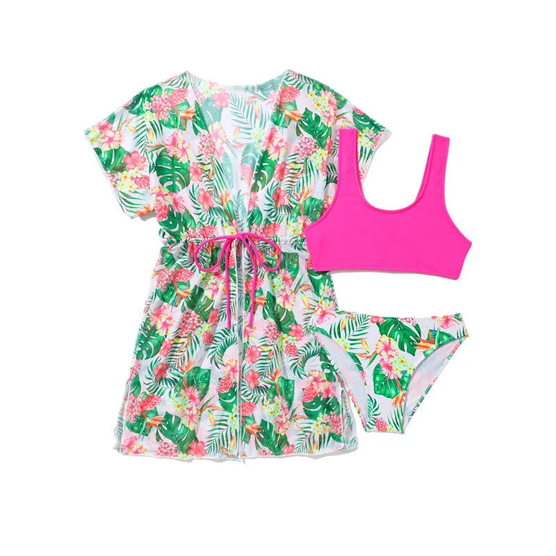 Girls' two-piece floral swimsuit in polyester fabric for swimming