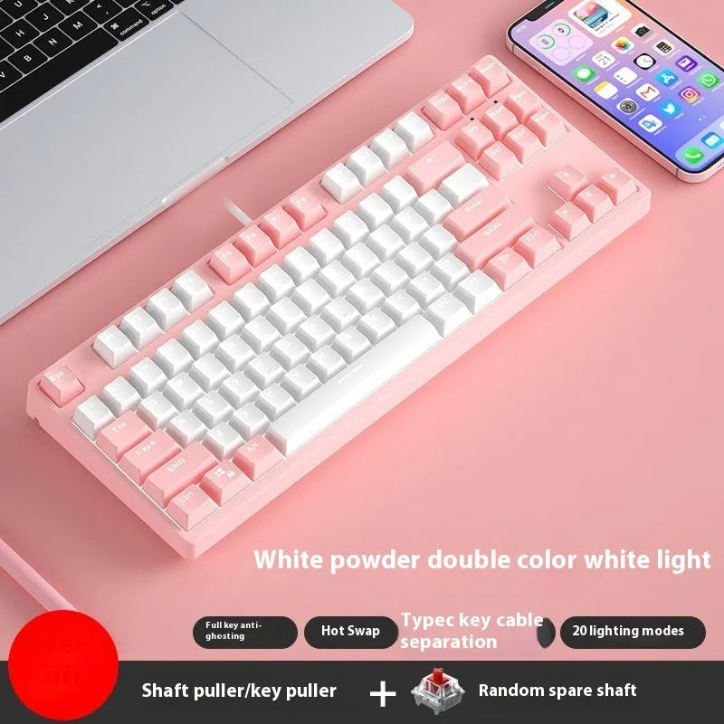 87-key wired mechanical gaming keyboard with hot-swappable switches shown in a two-tone colour scheme on a metal chassis.