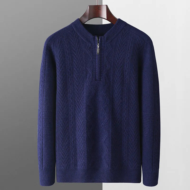 Men's grey diamond pattern wool sweater with half zip front and long sleeves