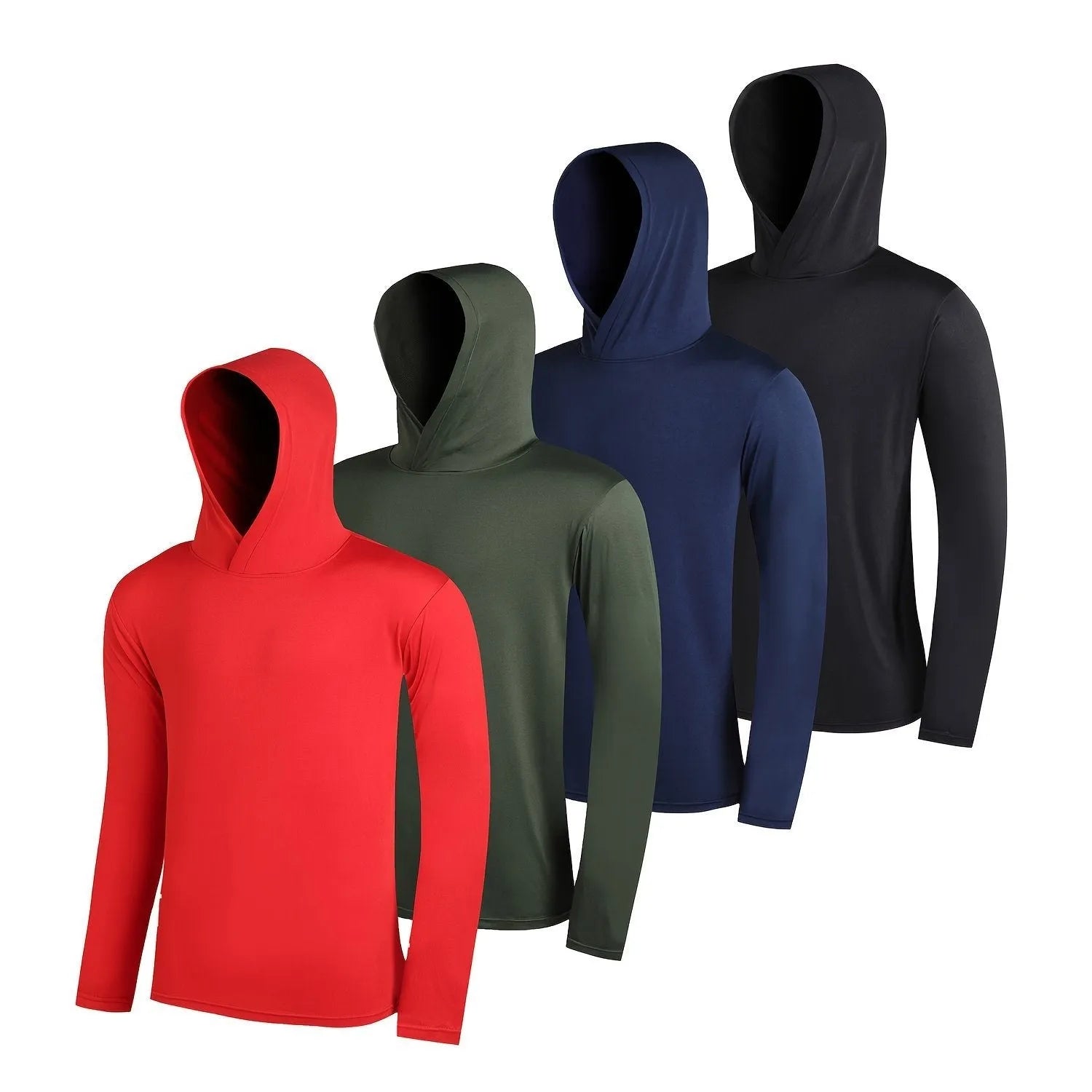 Men's lightweight hoodie four-pack in elastic polyester fibre showing colour options and hooded styles