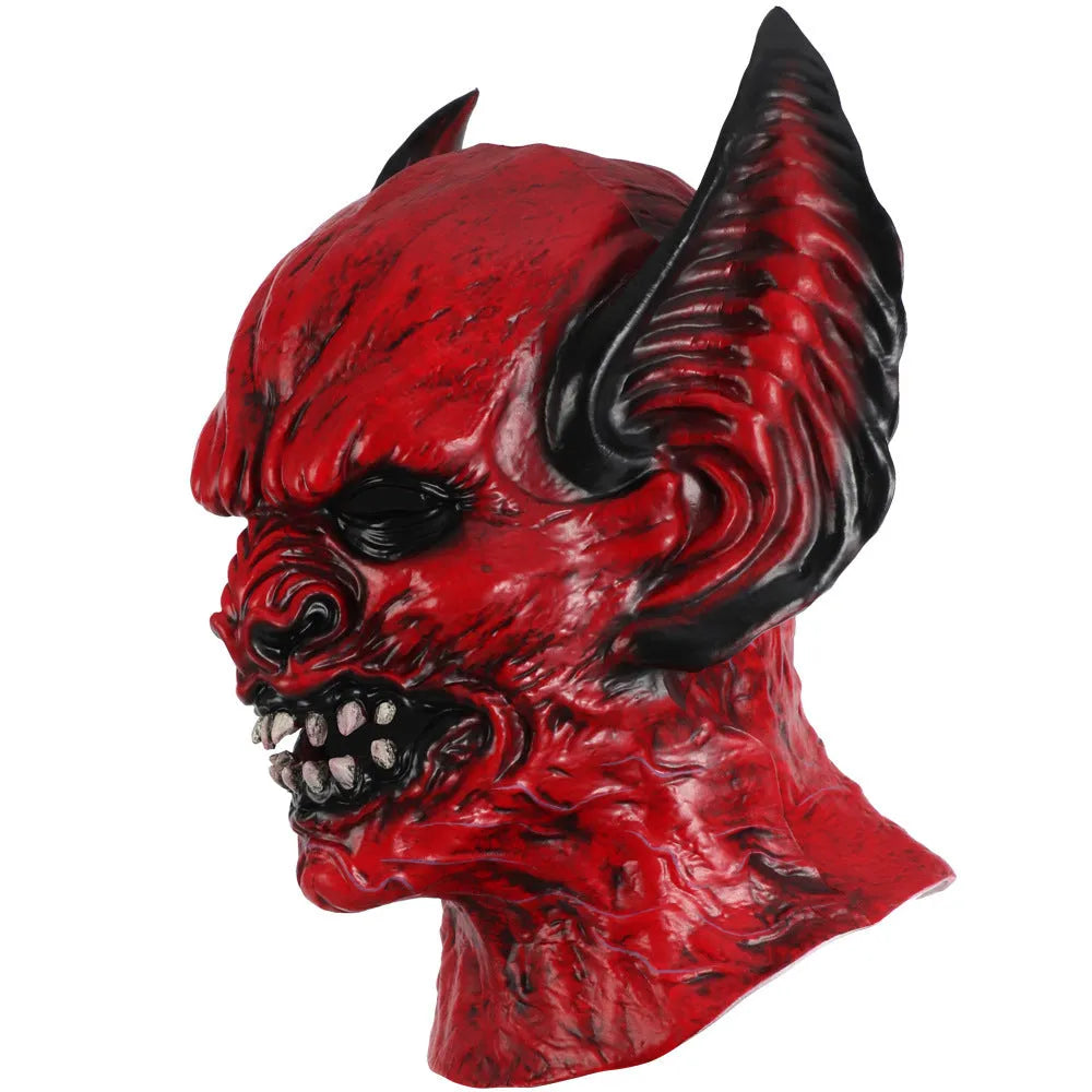Red bat head cover party mask made from RP foam with elastic strap.