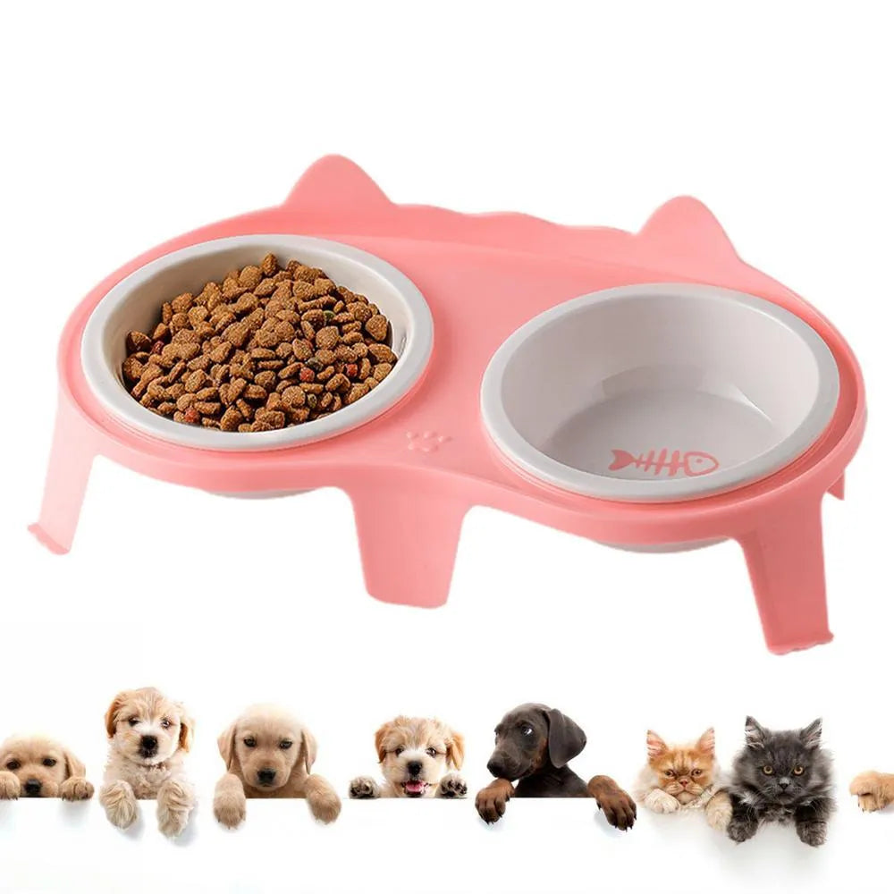 Blue ceramic cat food and water bowls in an elevated white ABS plastic stand with a hook