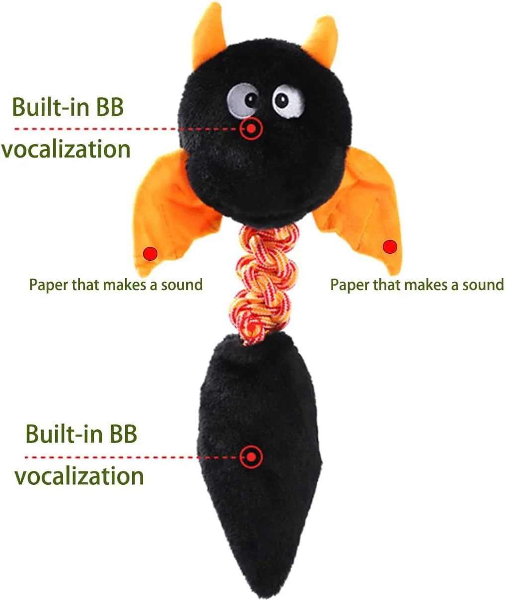Plush dog toy with cartoon shape, rope knot, in black, green, or red on white background.