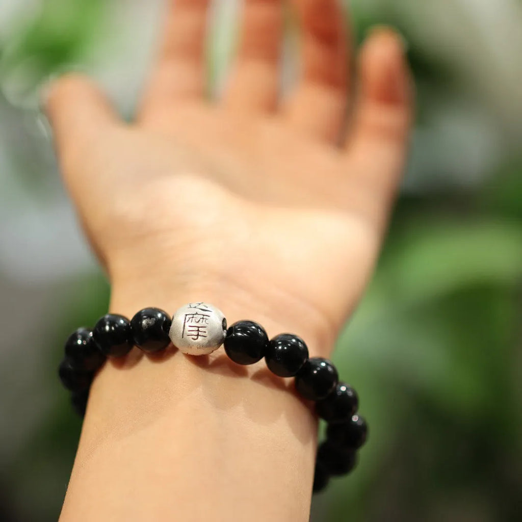 10mm black agate bead bracelet with sterling silver components in Chinese style