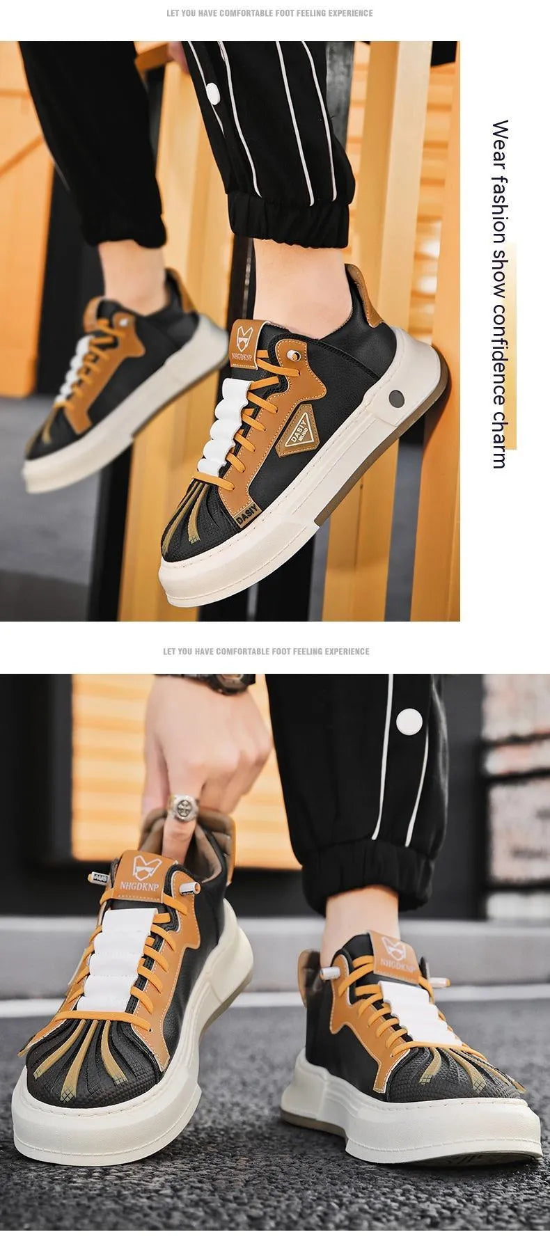 Men's beige low-top casual sneakers with elastic band and round toe, showing leather stitching detail.