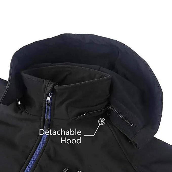 Black men's USB-heated waterproof winter coat with long sleeves and zipper pockets on a hanger.