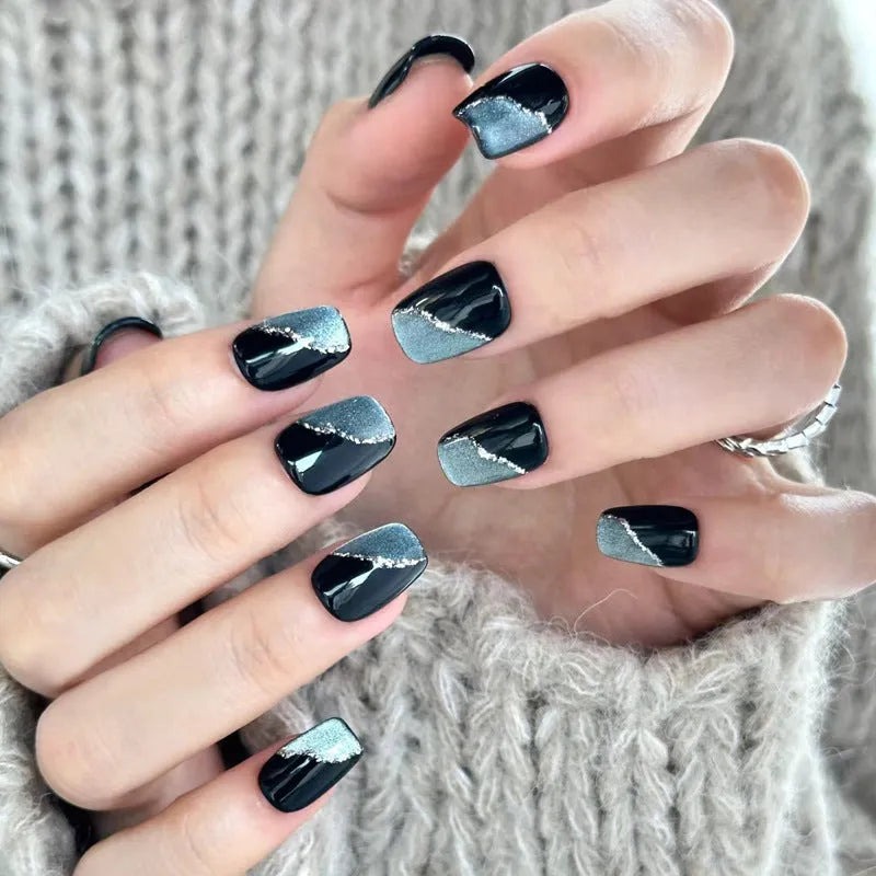 False nails sets for girls showing floral and glitter designs on short oval and stiletto nail shapes