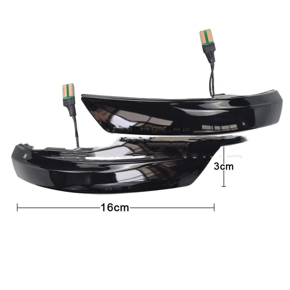 Pair of rearview mirror waterfall lights for Ford Focus and Mondeo showing sequential flow effect in yellow or two-tone blue.