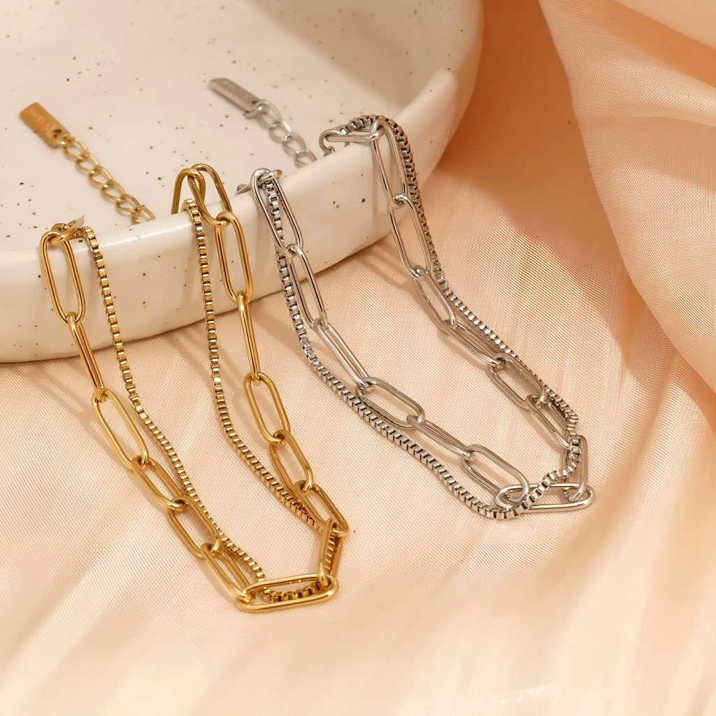 Double layer titanium steel bracelet with geometric shape and line pattern elements