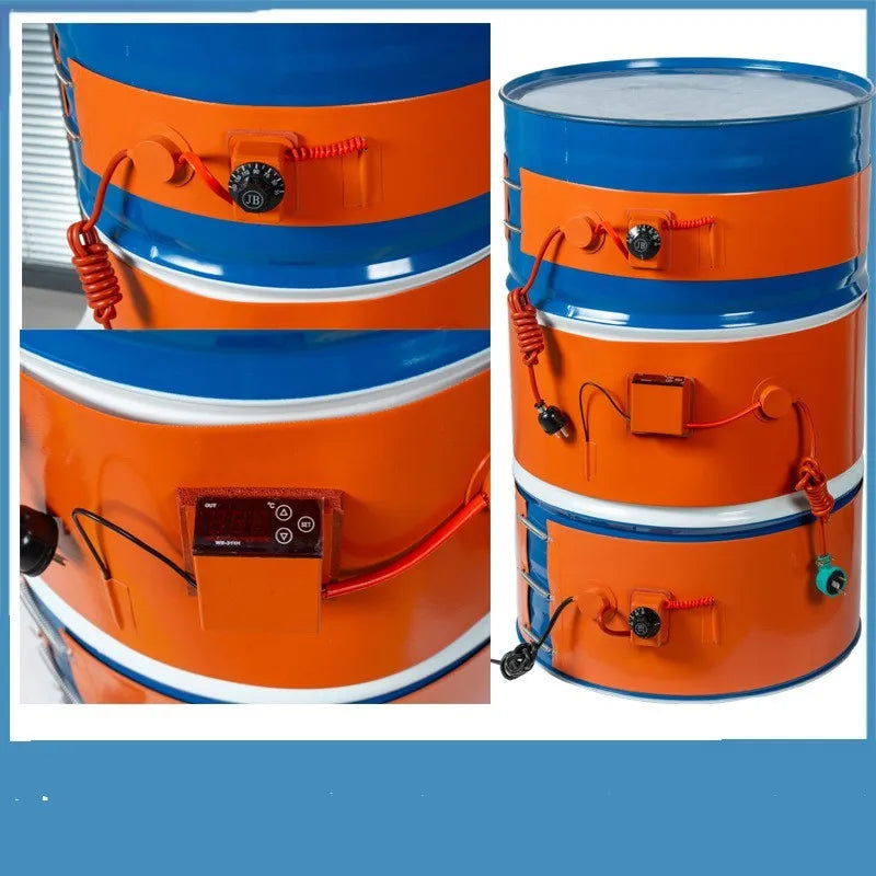Silicone heating belt wrapped around 200-litre oil drum with digital display control unit