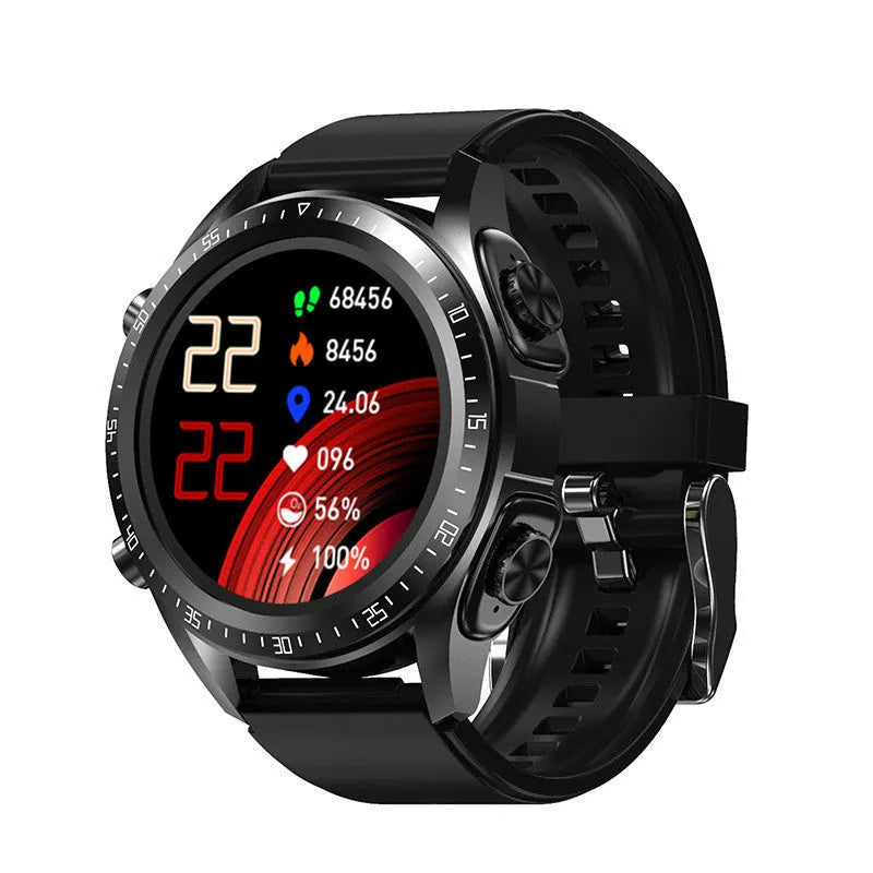 Black smart watch with silicone strap displaying blood pressure and oxygen data on a 1.28-inch screen.