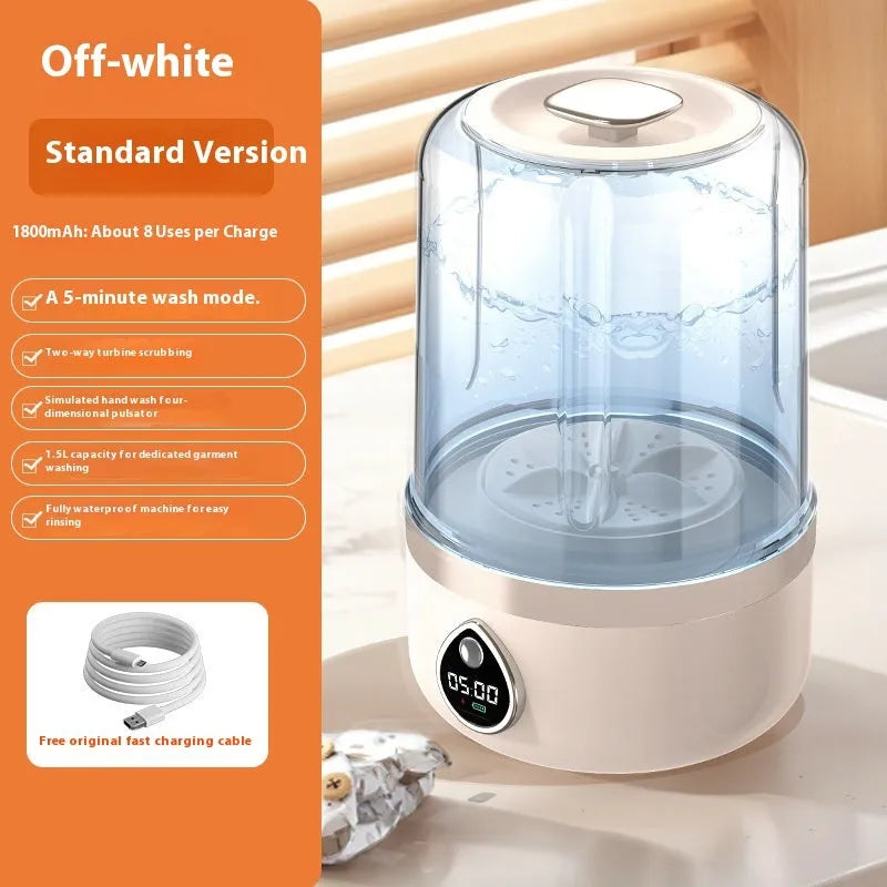 White portable mini washing machine with USB cable on a countertop