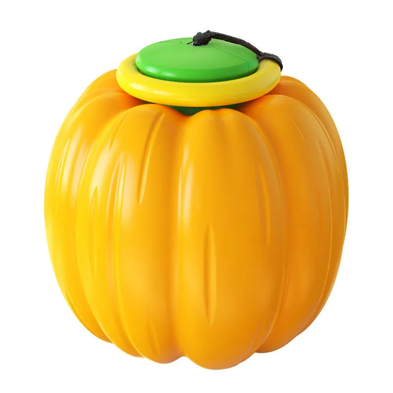 Green, orange, and yellow plastic pumpkin-shaped squeaky dog ball toy for small breeds.