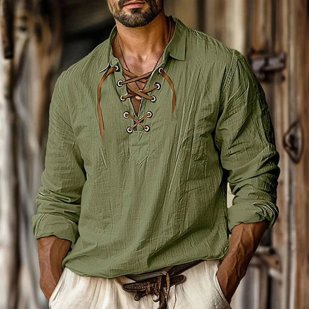 Men's loose fit long sleeve shirt with lapels and lace detail in a blue cotton-linen fabric.