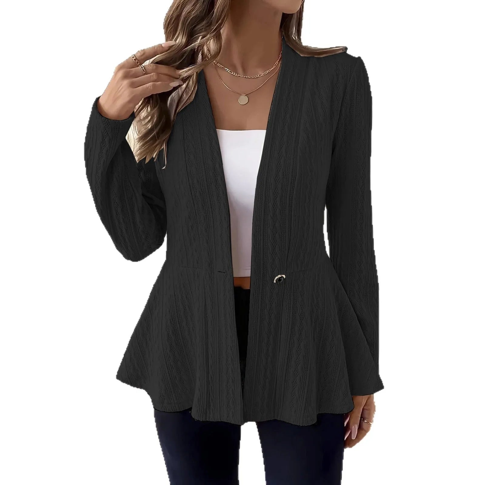 Women's apricot slim fit knitted cardigan with one button and jacquard pattern texture.