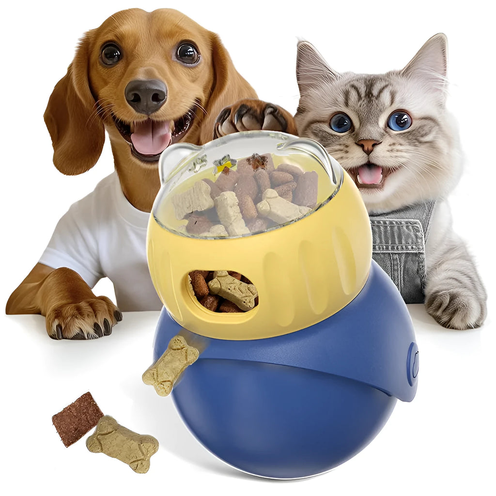 Tumbler Owl plastic puzzle cat feeder in Morandi yellow and blue colours