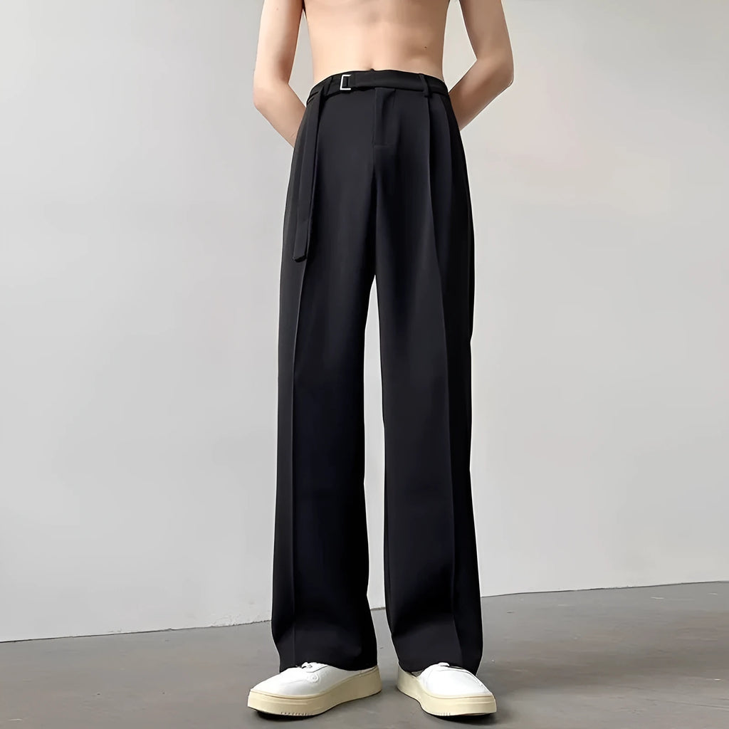 Thin straight black wide leg pants with loose casual fit and non-ironing finish