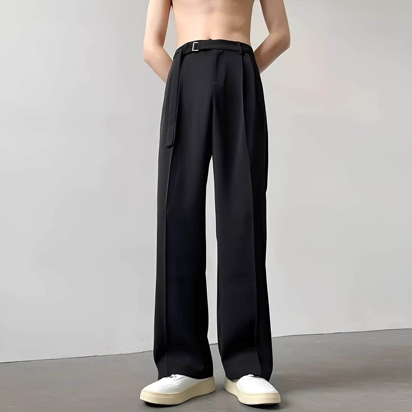 Thin straight black wide leg pants with loose casual fit and non-ironing finish