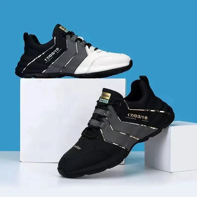 Teenagers outdoor casual sneakers with thick plastic sole and mesh lining in black and gray color matching style