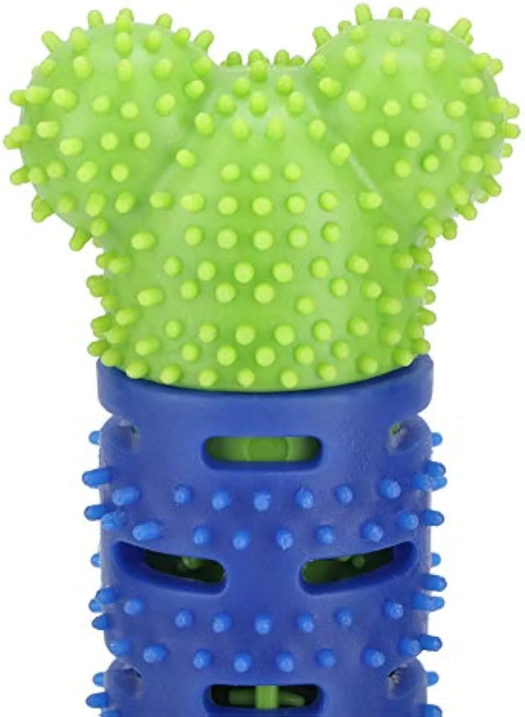 Blue green dog dental chew toy with serrated brush head design for tooth cleaning, 25cm length