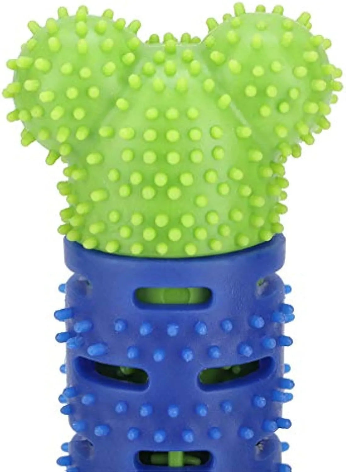 Blue green dog dental chew toy with serrated brush head design for tooth cleaning, 25cm length