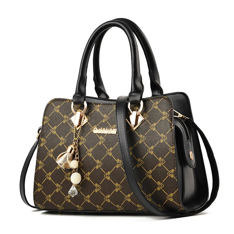 Geometric pattern ladies messenger bag in textured PU leather with zipper closure and interior card slots