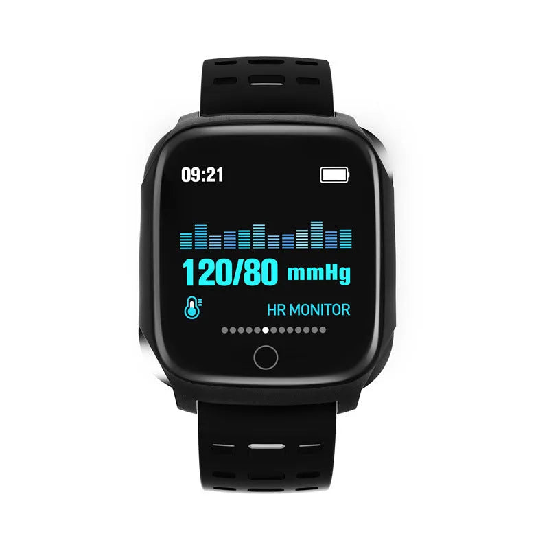 F16 smart watch with ECG, blood pressure, and heart rate monitoring on a silicone wristband.